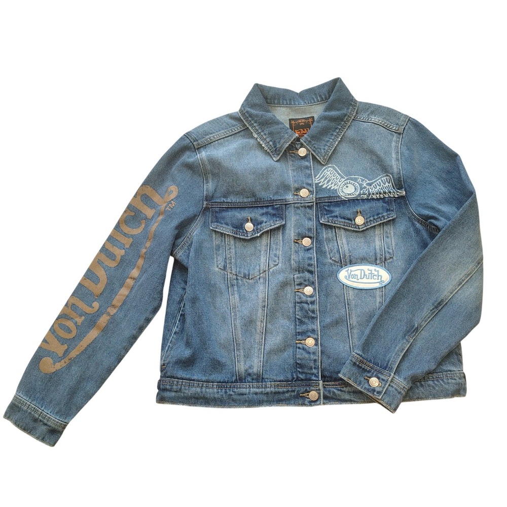 Von Dutch Originals Blue Denim Trucker Jacket Large Sleeve Logo Flying Eyeball L